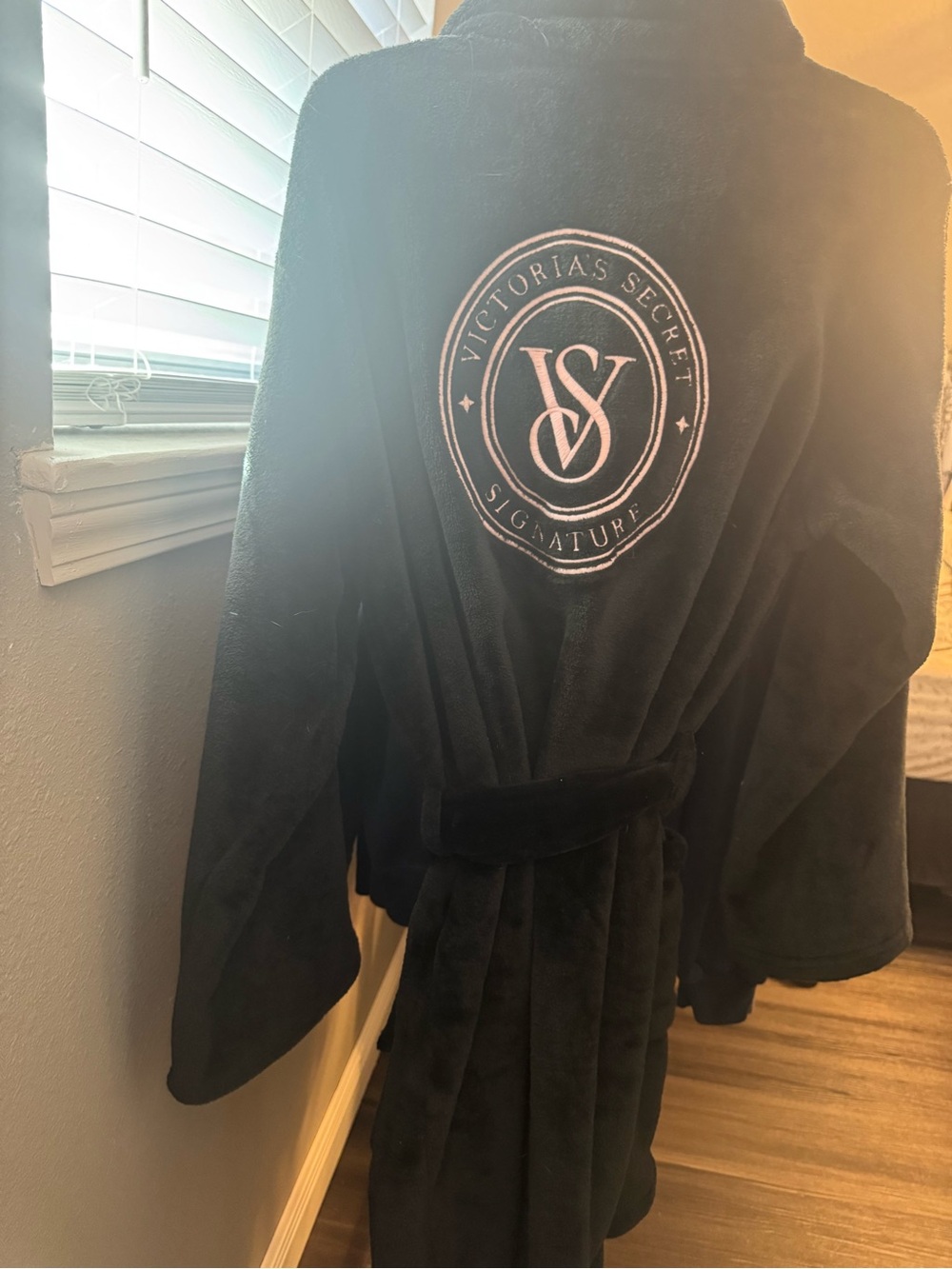 Victoria's Secret Black Plush Signature Robe with Embroidered Crest